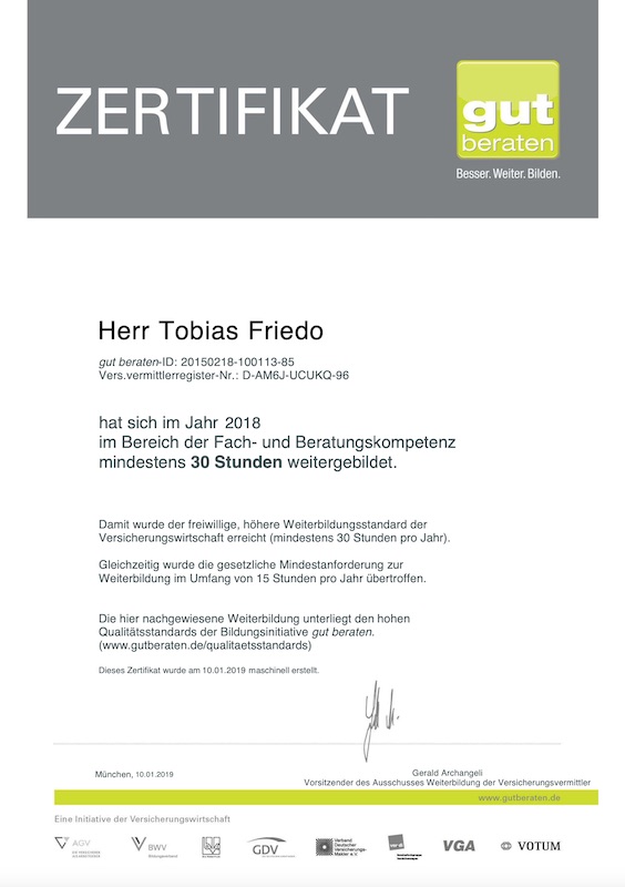Zertifikat zur Weiterbildung 30 Stunden in Fach- und Beratungskompetenz 2018 Tobias Friedo