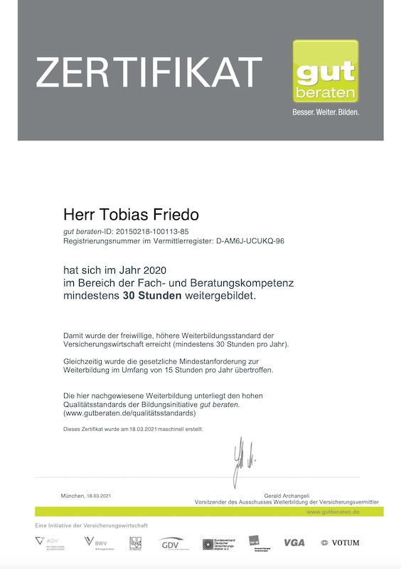 Zertifikat zur Weiterbildung 30 Stunden in Fach- und Beratungskompetenz 2020 Tobias Friedo